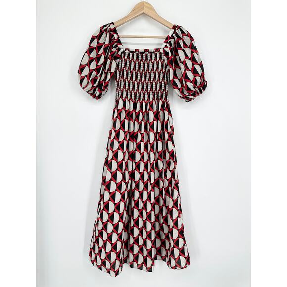 Cynthia Rowley Caprice Midi Dress Off The Shoulder Puff Sleeve Smocked Geometric - Picture 7 of 15